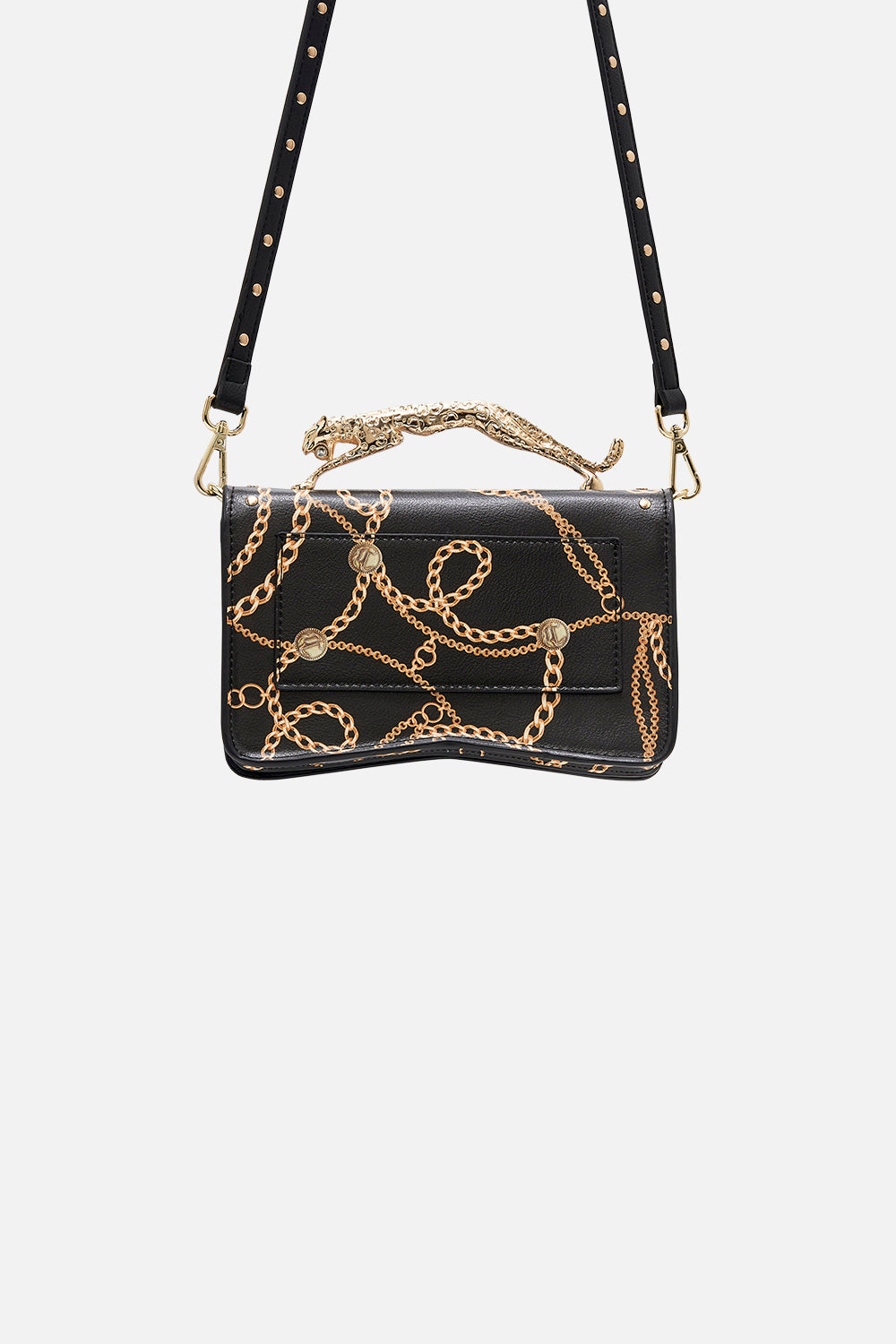 Back product view of CAMILLA black designer handbag in Tether Me Not print