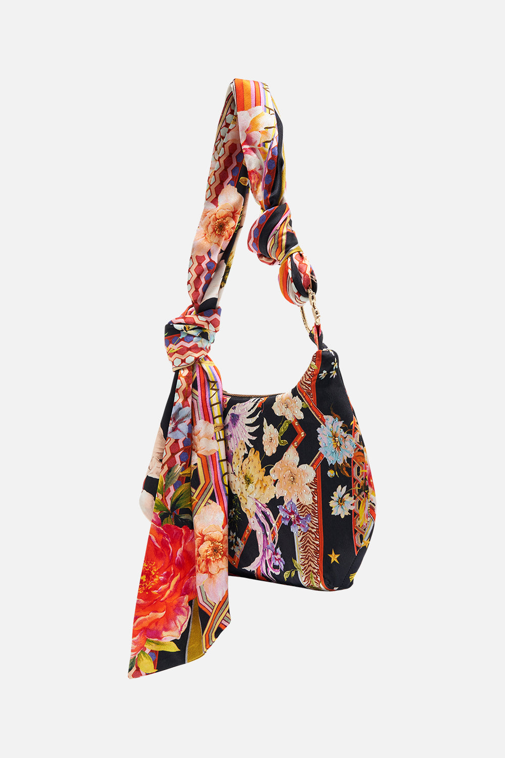 Detail view of CAMILLA silk scarf shoulder bag in Secret History print 