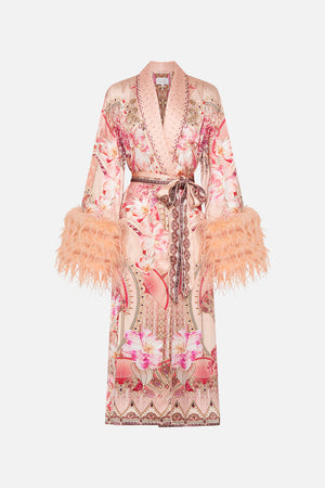 Product view of CAMILLA silk robe with feathers in Adore Me pink floral print
