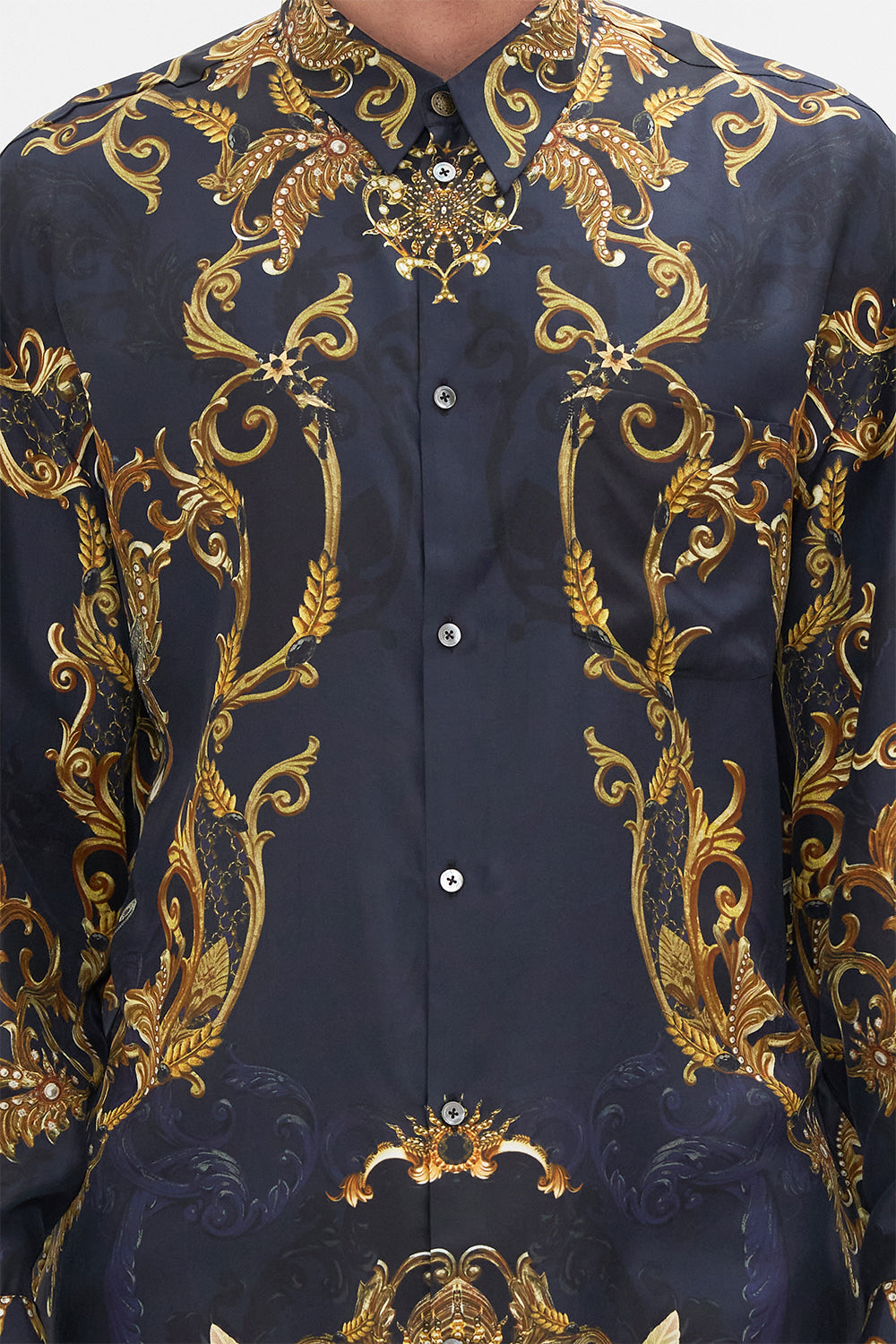 Detail view of model wearing Hotel Franks By CAMILLA mens oversized shirt in Moonlight Melodies print