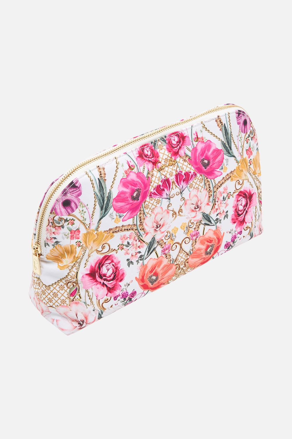 Detail view of CAMILLA floral cosmetic case in Detiny Calling  print