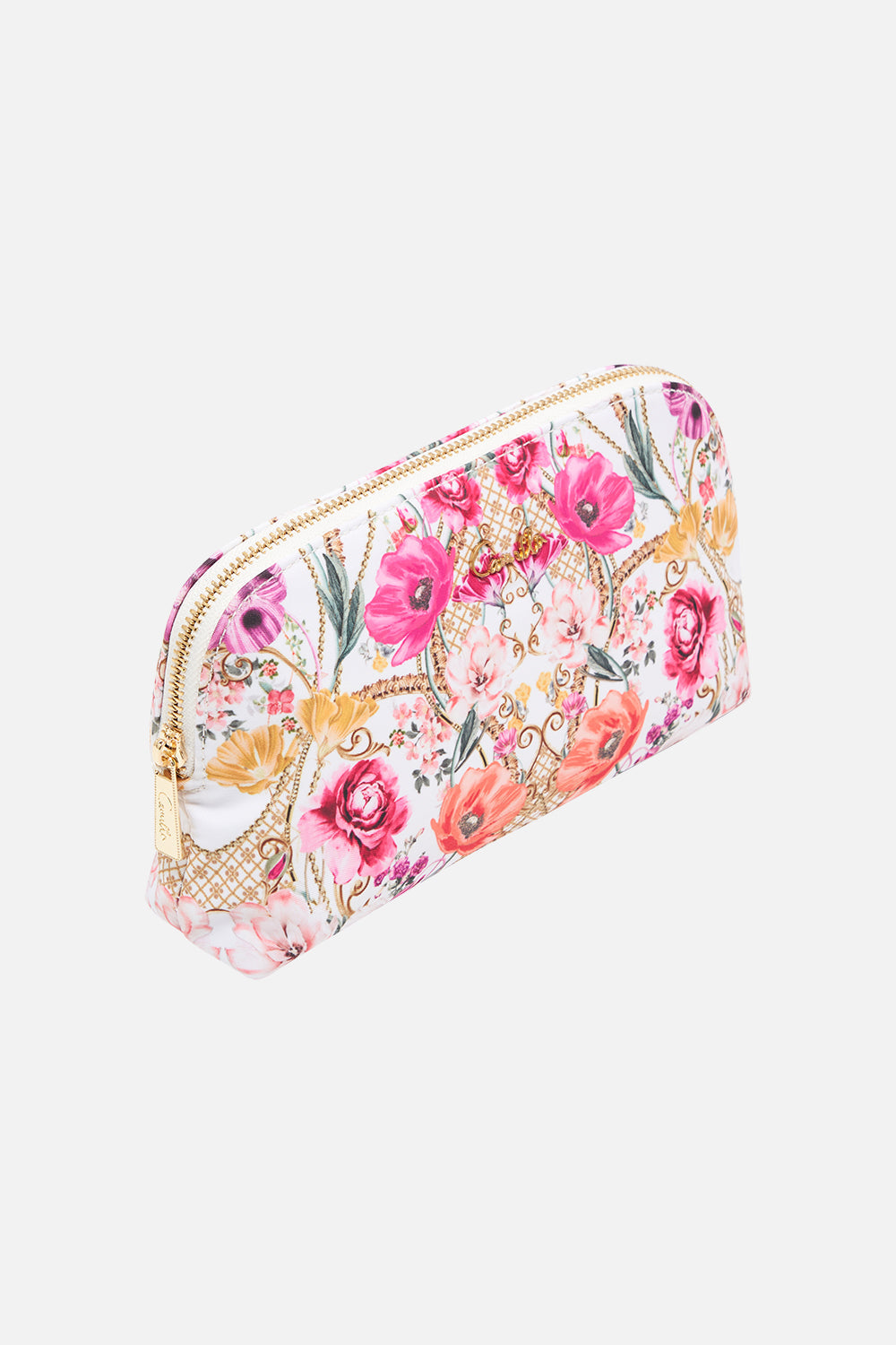 Detail view of CAMILLA floral cosmetic bag in Destiny Calling print 