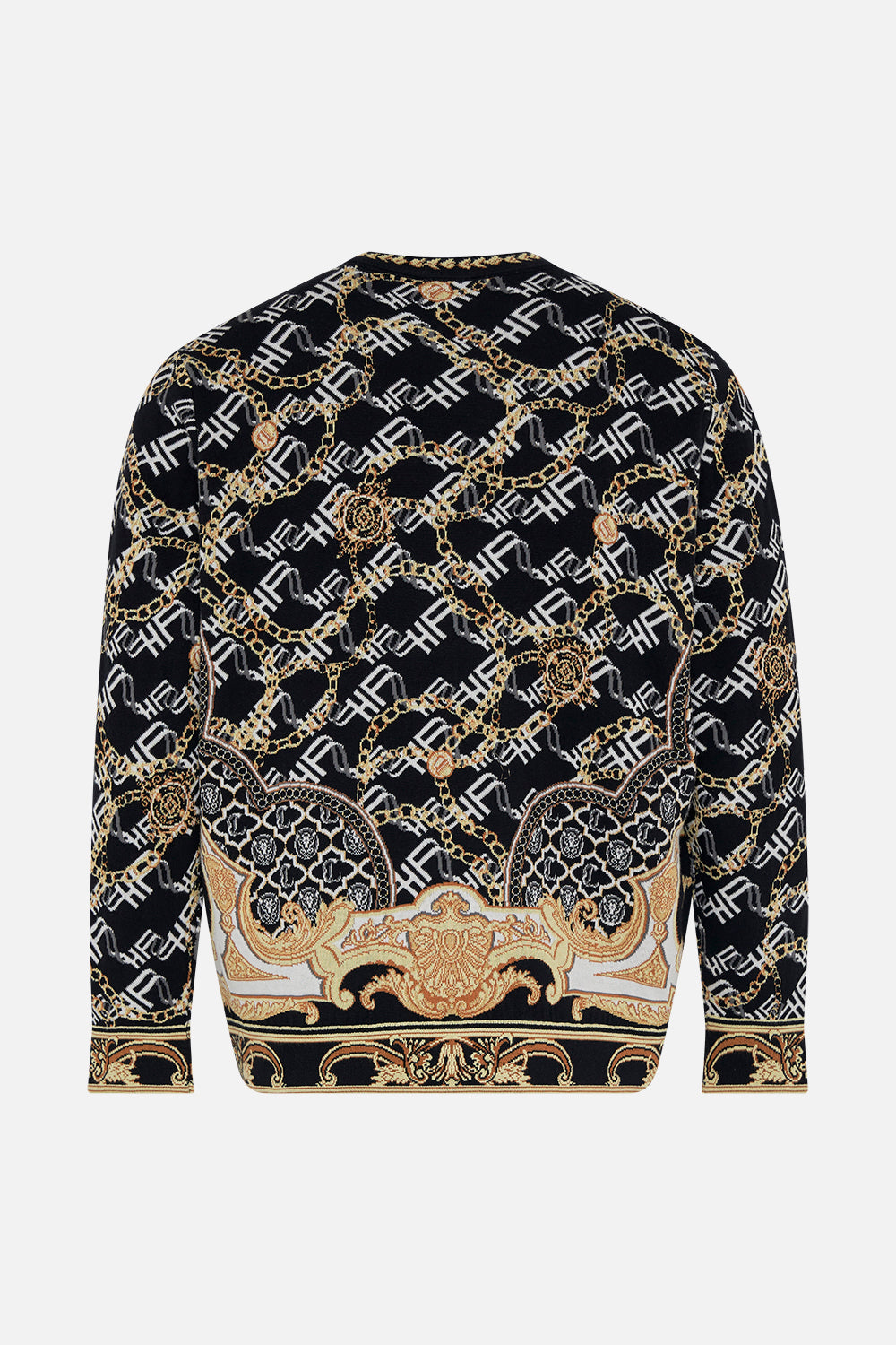 Back product view of Hotel Franks by CAMILLA mens oversized  knit sweater in black and gold Tether Me Not print