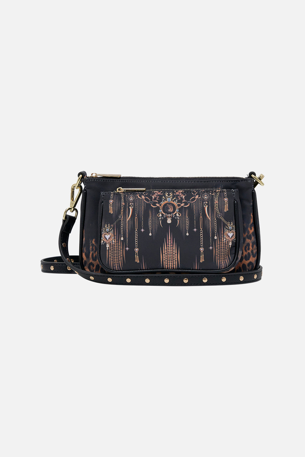 Detail view of CAMILLA black nylon bag in Jungle Dreaming animal print 