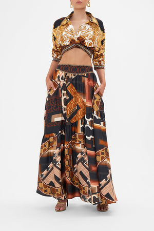 Front view of model wearing CAMILLA brown silk  maxi skirt in Feeling Fresco print