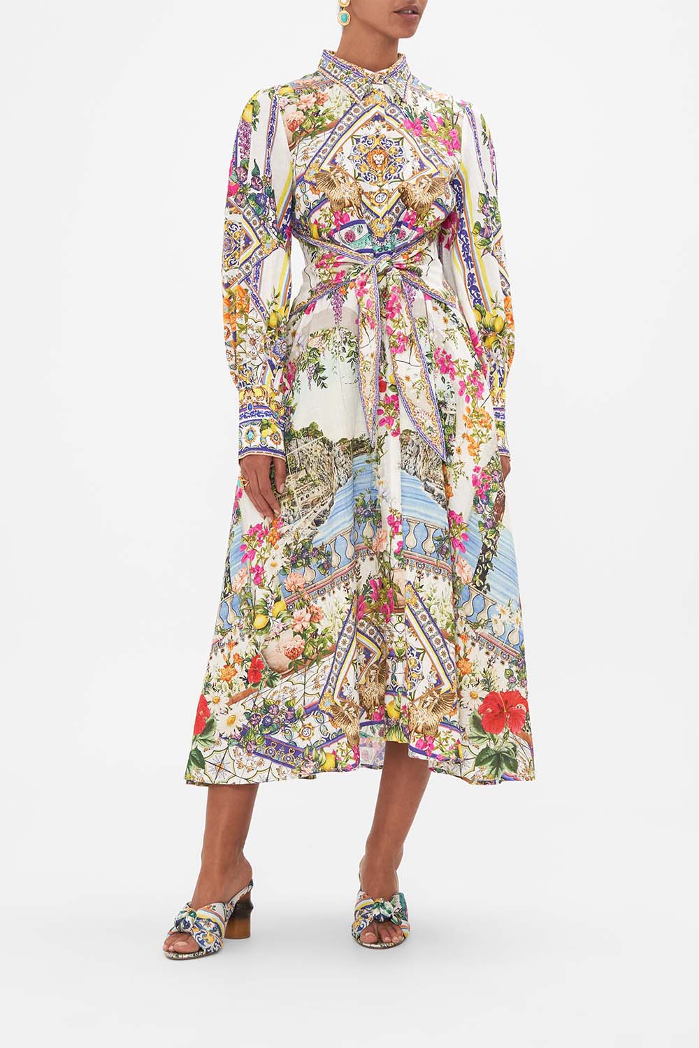 Front view of model wearing CAMILLA linen  shirt dress in Amalfi Amore print