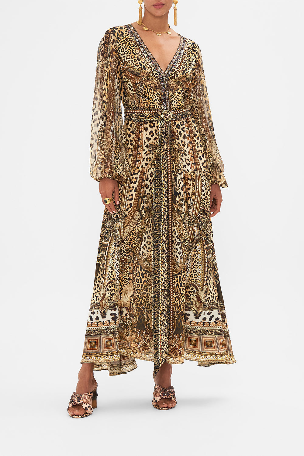 Front view of model wearing CAMILLA  silk leopard print dress in Standing Ovation print