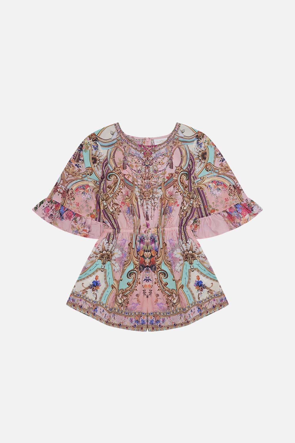 Product view of MILLA BY CAMILLA kids pink playsuit in Letters From The Pink Room print