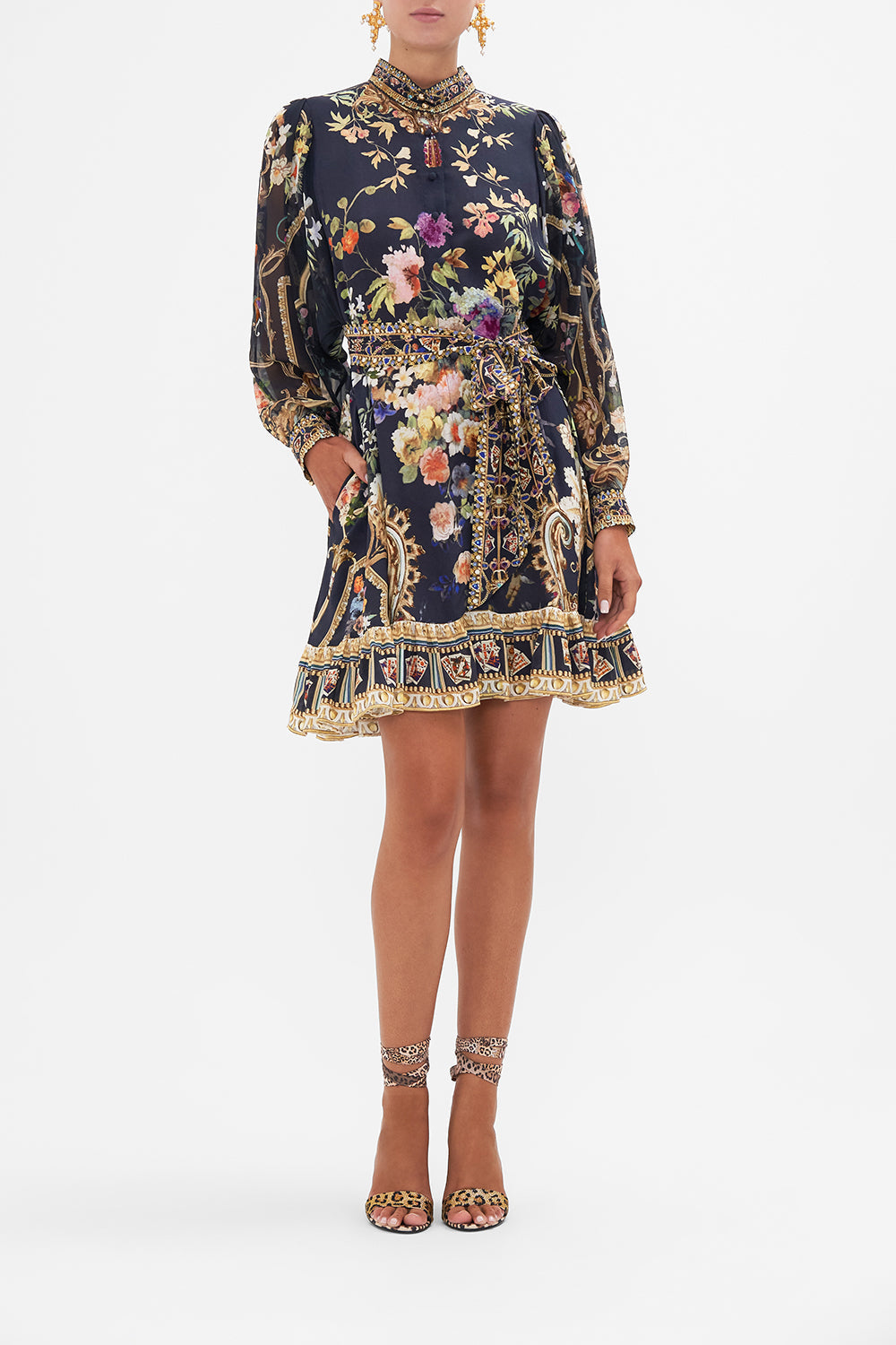 Front view of model wearing CAMILLA silk printed shirt dress in Play Your Card Right print