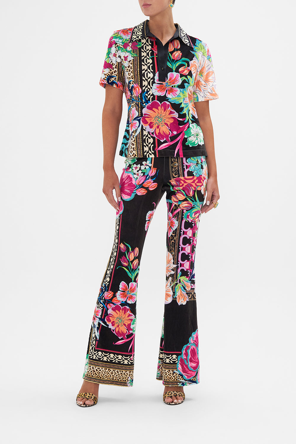 Front view of model wearing CAMILLA collared top in Printed Prima Vera print