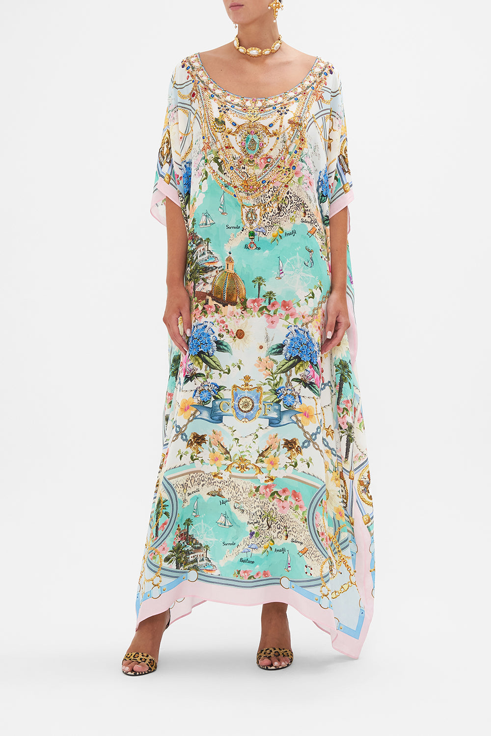 Front view of model wearing CAMILLA silk kaftan in Amalfi Lullaby print