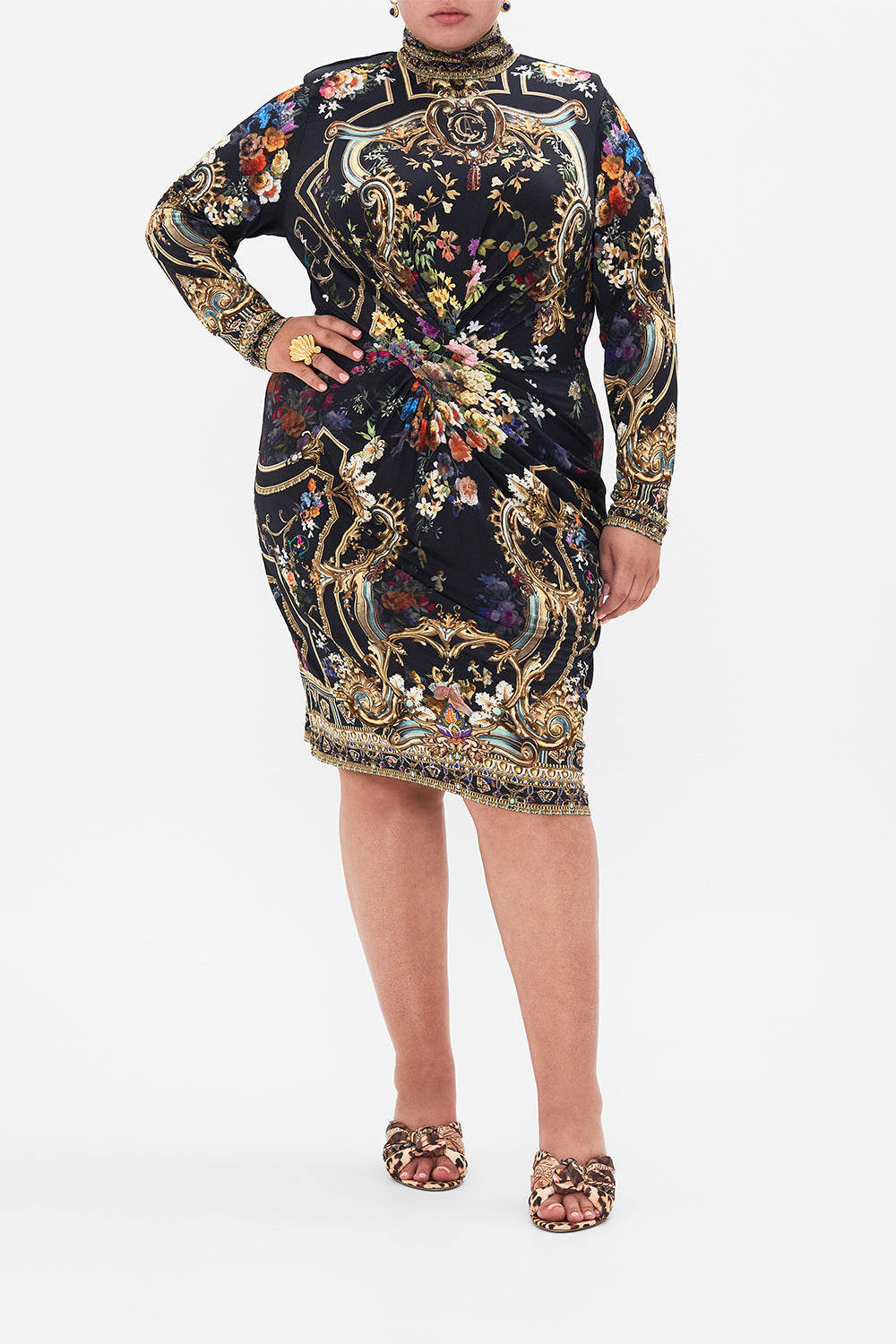 Front view of curvy model wearing CAMILLA  plus size  floral dress in Play Your Cards Right print