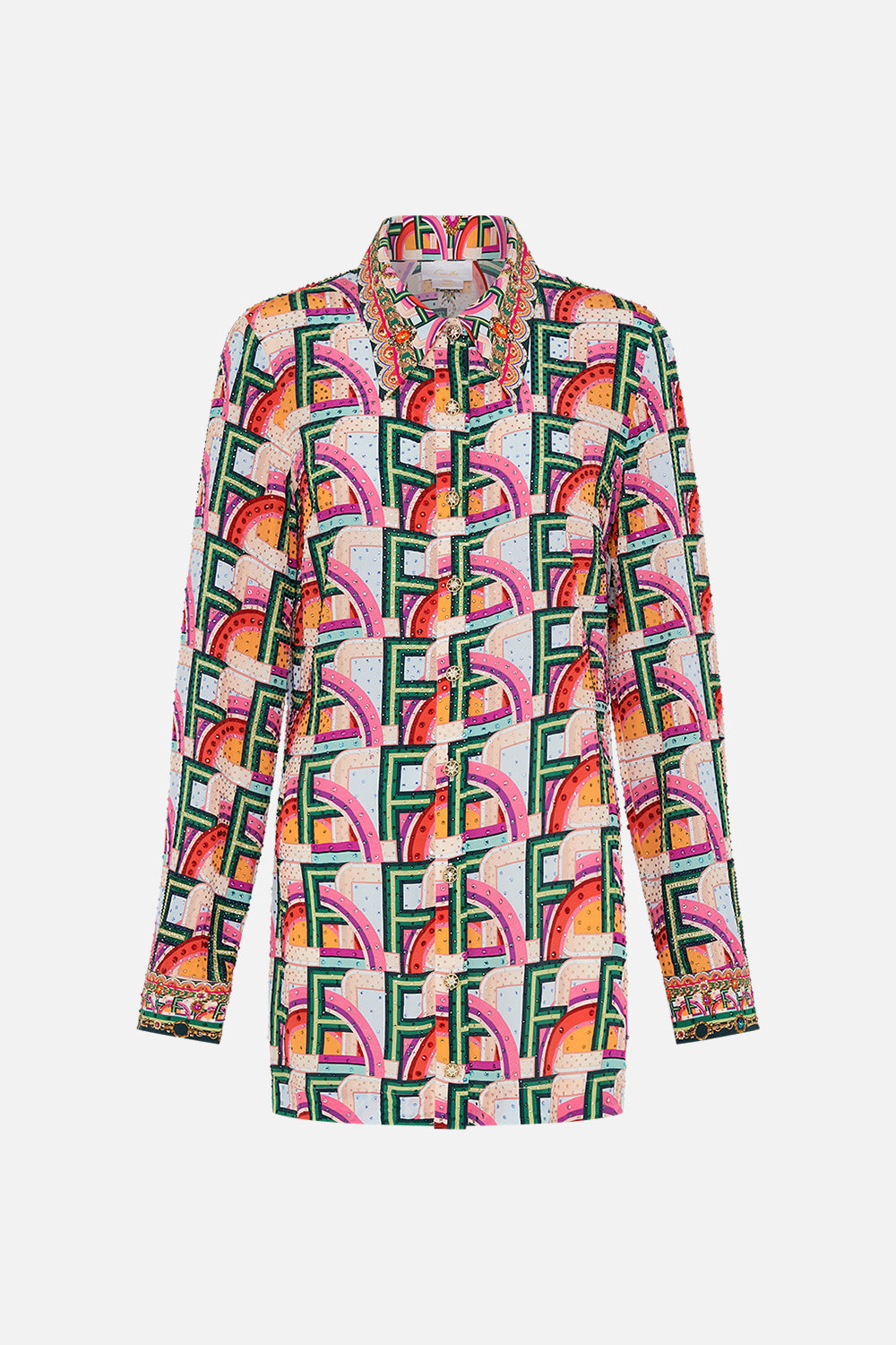 The CAMILLA WAIST TIE SHIRT DRESS PRINTED PRIMA VERA in our  print.