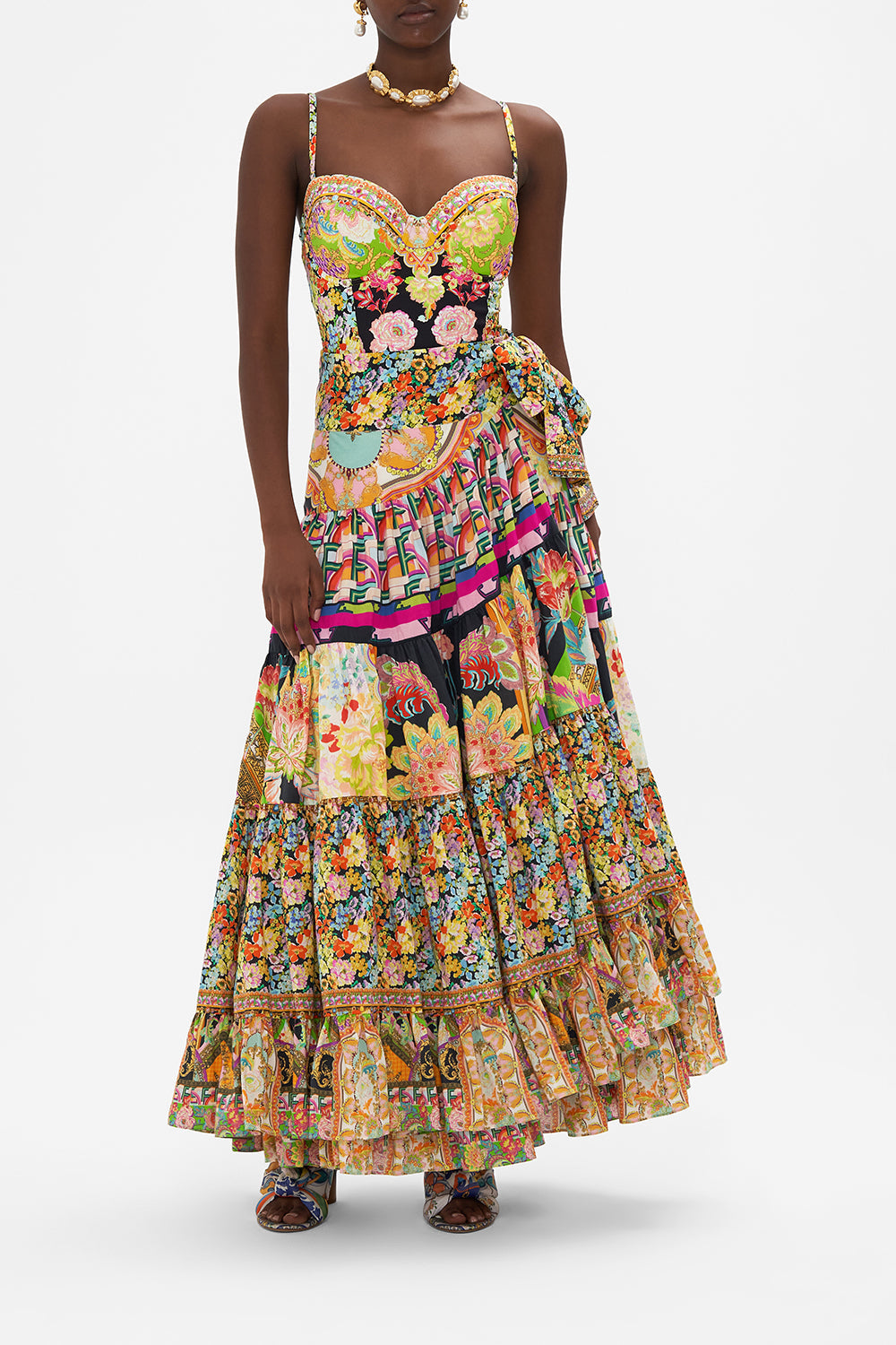 Front view of model wearing CAMILLA wrap skirt in Sundowners in Sicily print 