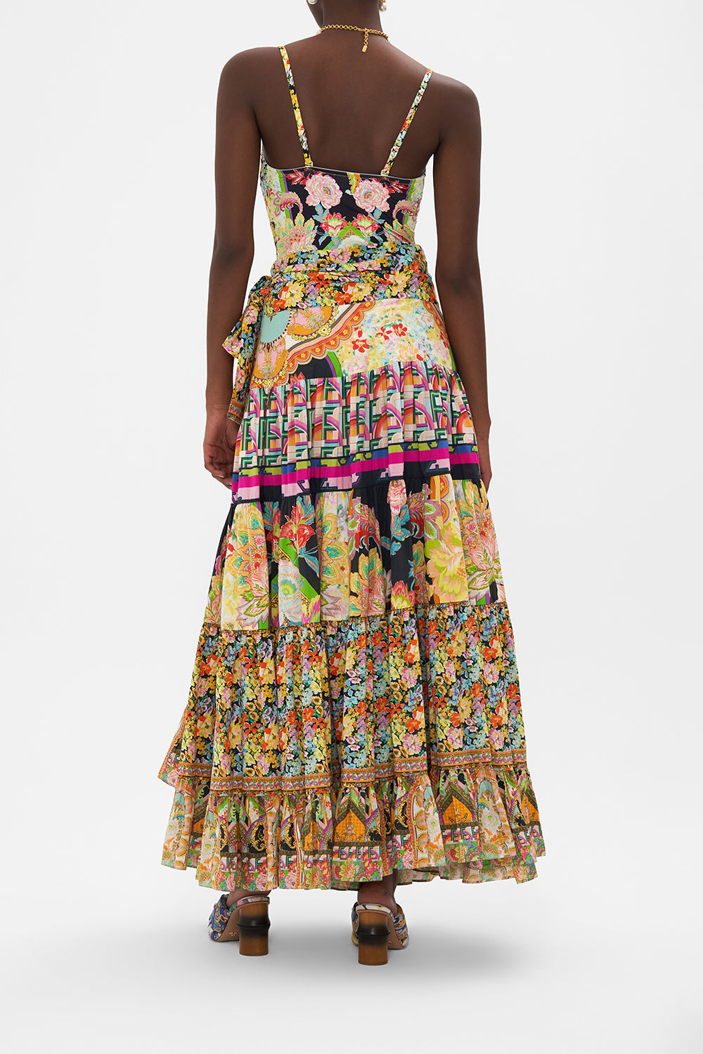 Back view of model wearing CAMILLA wrap skirt in Sundowners in Sicily print 