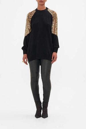 Front view of model wearing CAMILLA leopard print  jumper in Standing Ovation print 