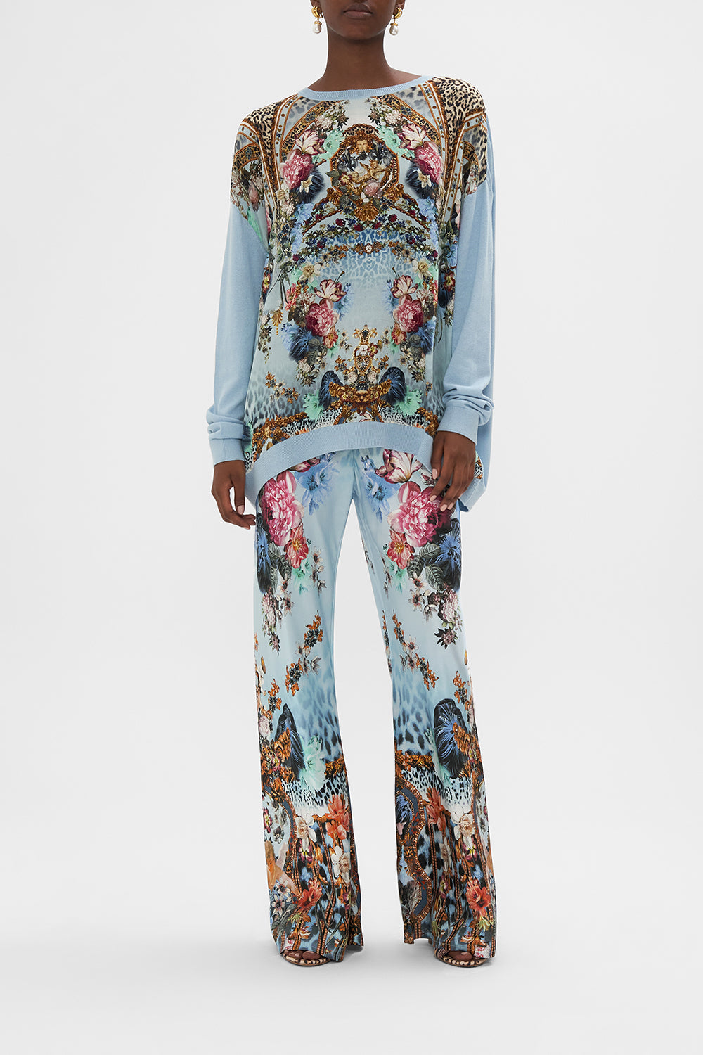 Front view of model wearing CAMILLA printed jumper with Letters To Leo print