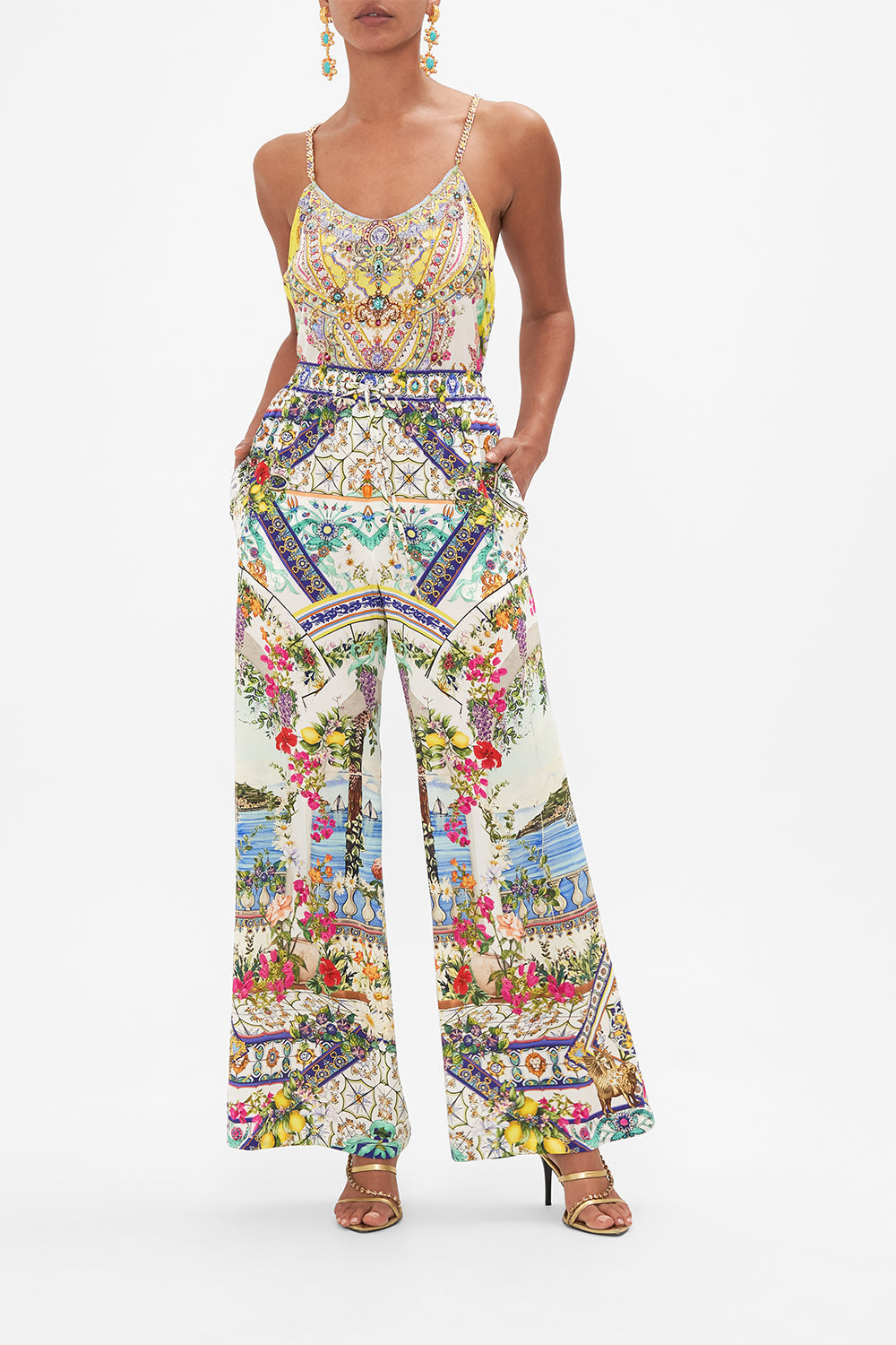 Front view of model wearing CAMILLA printed  silk palazzo pant in Amalfi Amore print 