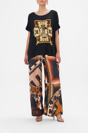 Front view of model wearing CAMILLA leopard print t-shirt in Feeling Fresco