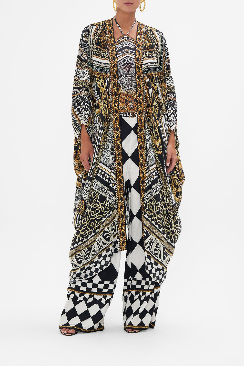 Front view of CAMILLA silk kimono jacket in Look Up Tesoro print
