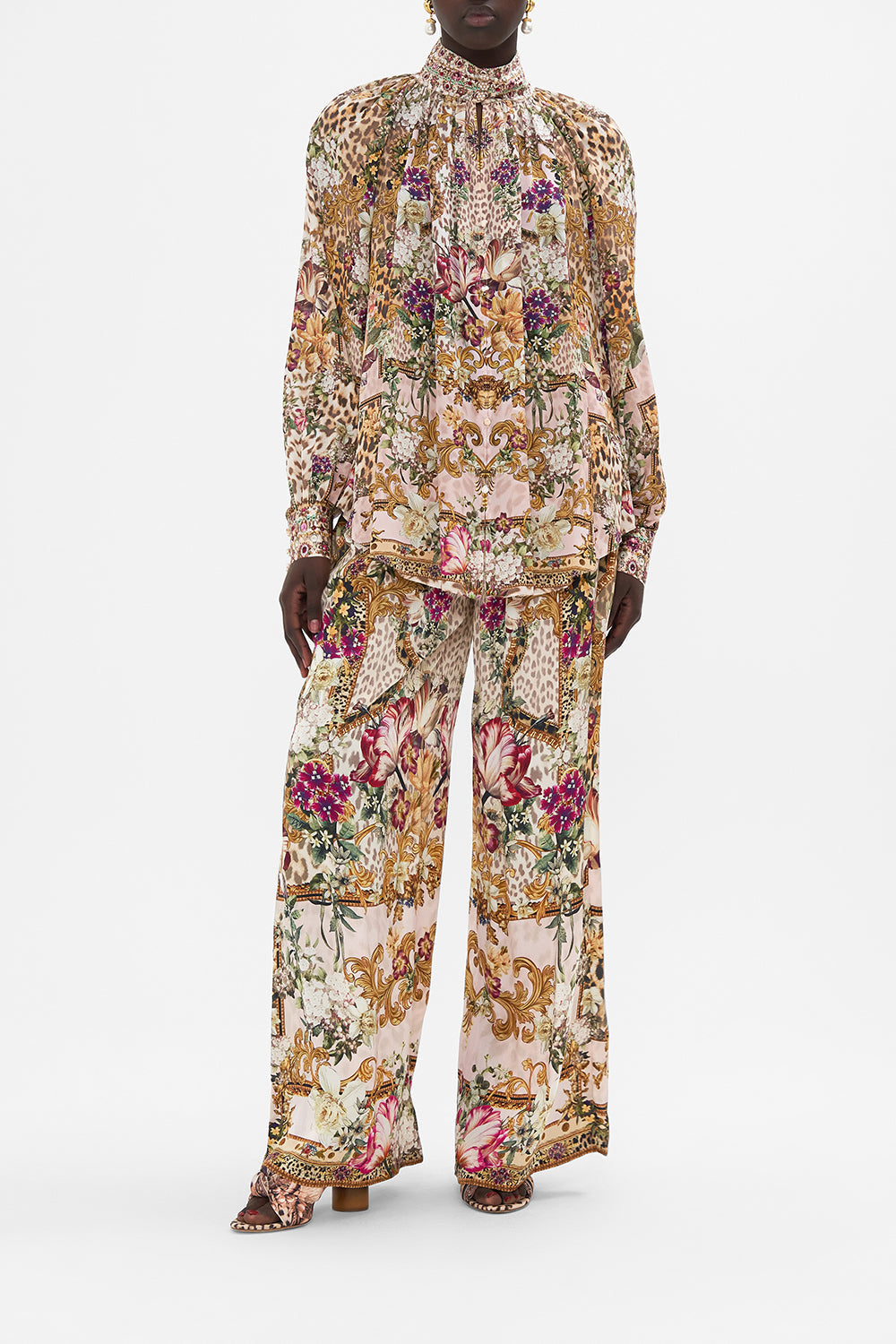 Front view of model wearing CAMILLA silk button up shirt in Bambino Bliss print