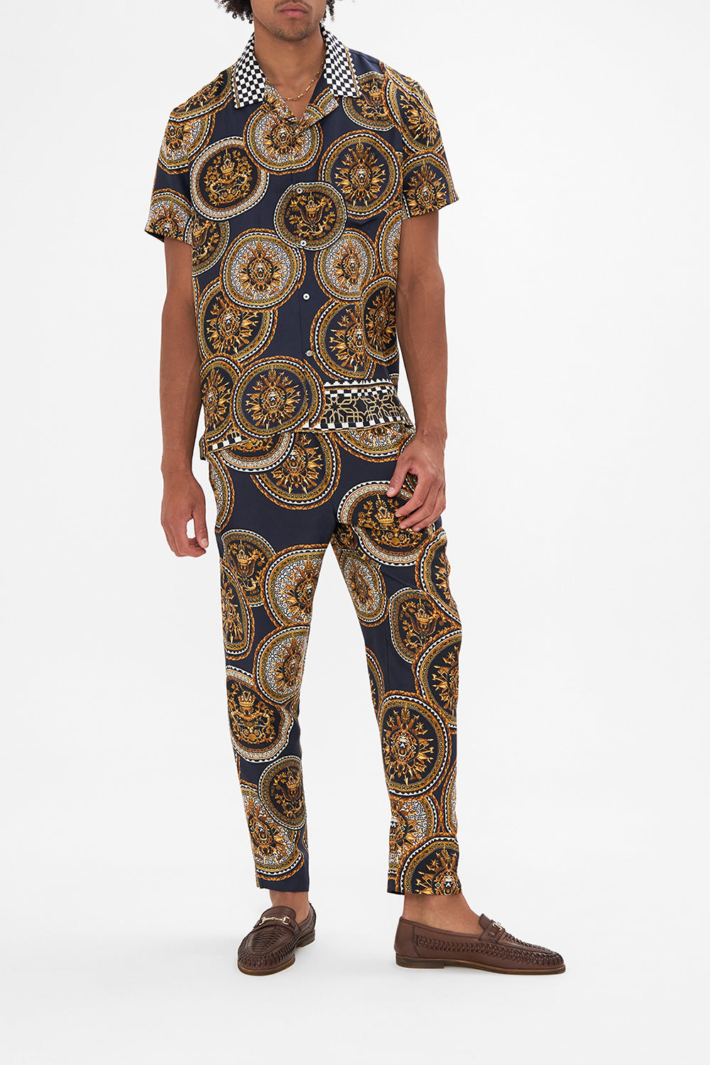 Front view of model wearing HOTEL FRANKS BY CAMILLA mens silk shirt in Duomo Kaleido print