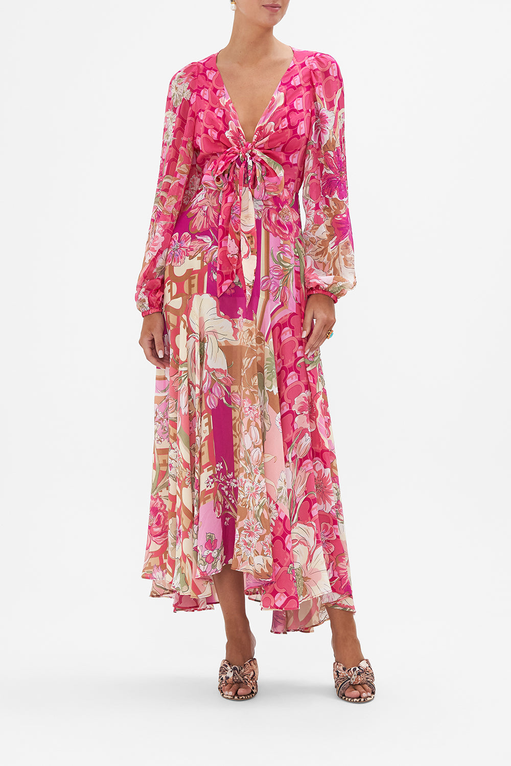 Front view of model wearing CAMILLA pink silk floral dress in A Girl Named Florence print