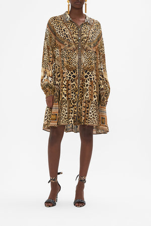 Front view of model wearing CAMILLA silk lopewrad print shirt dress in Standing Ovation print 