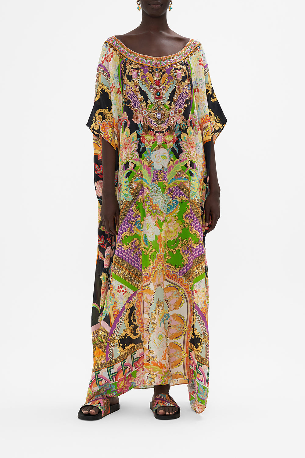 Front view of model wearing CAMILLA silk kaftan in Sundowner in Sicily print 