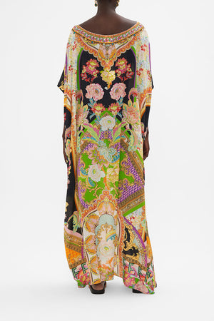 Back view of model wearing CAMILLA silk kaftan in Sundowner in Sicily print 