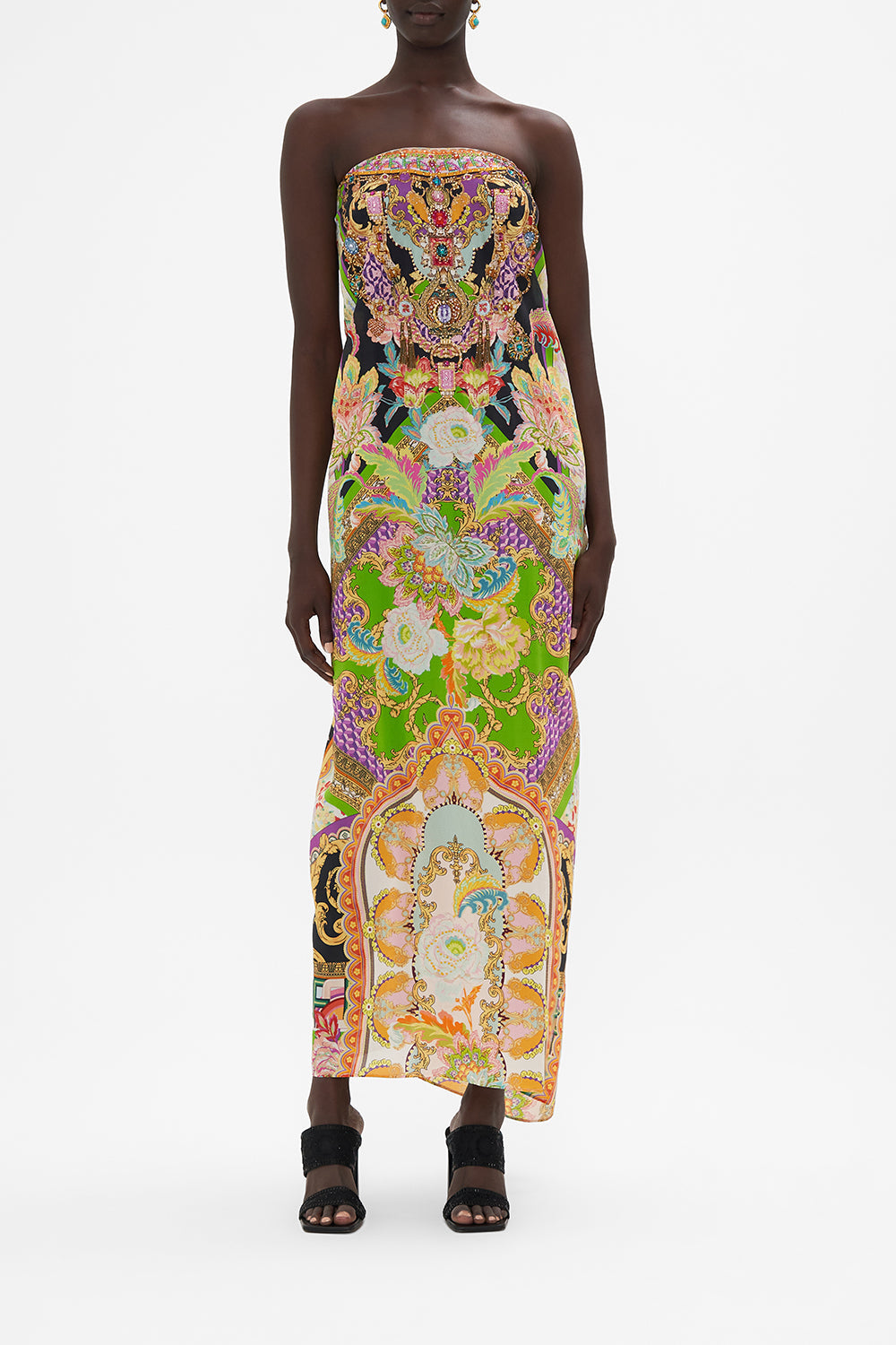 Crop view of model wearing CAMILLA silk kaftan in Sundowner in Sicily print 