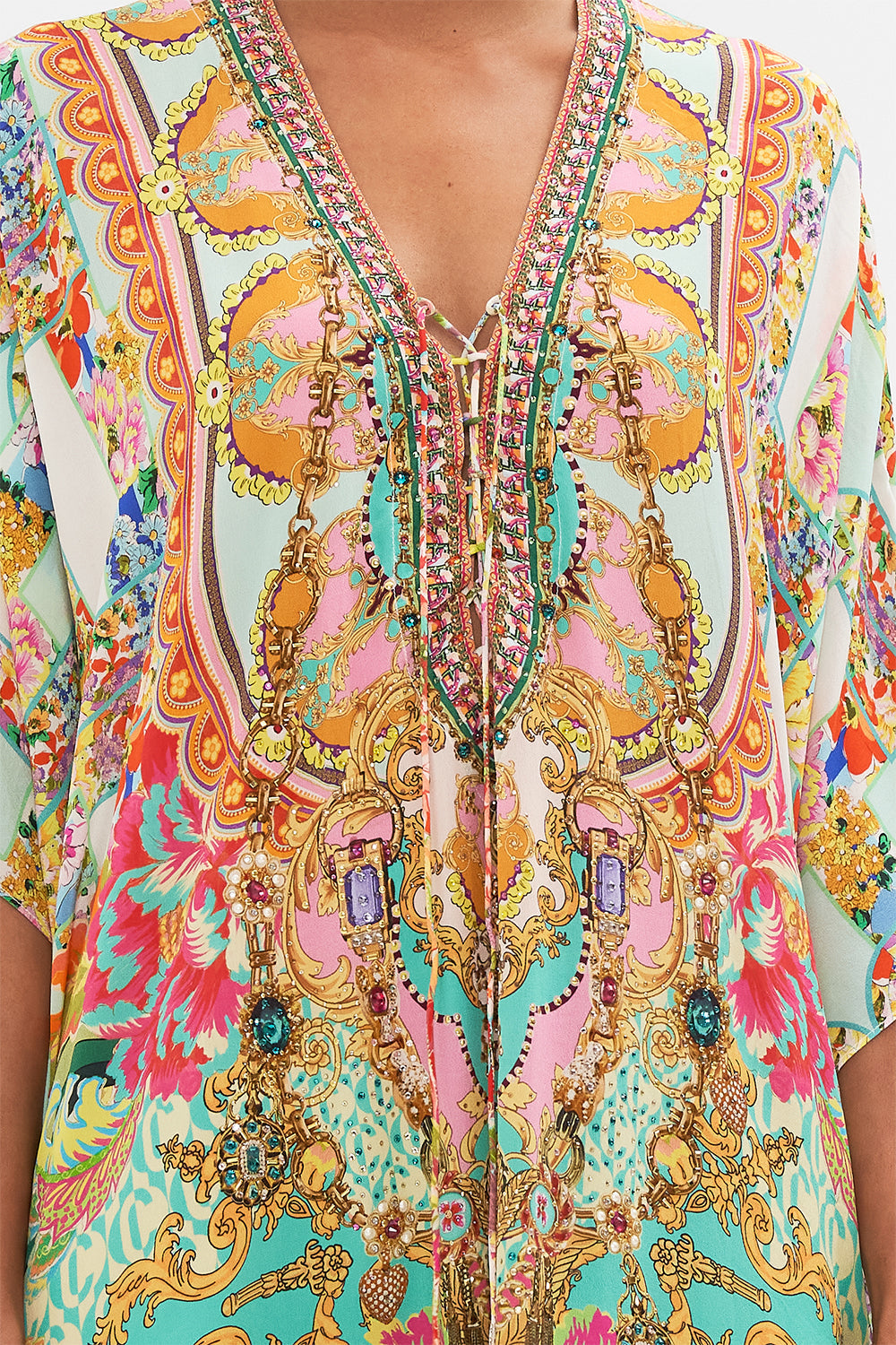 Detail view of model wearing CAMILLA silk printed kaftan in An Italian Welcome print