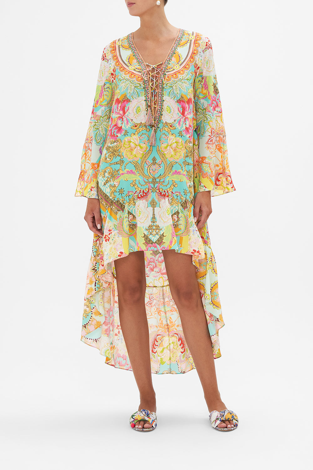 Front view of model wearing CAMILLA silk mini dress with high low hem in An Italian Welcome print 