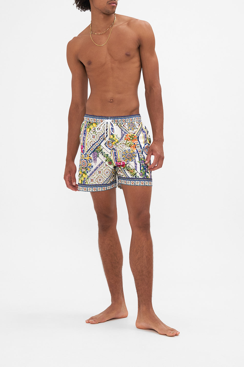 Front view of model waering HOTEL FRANKS BY CAMILLA mens boardshorts in Amalfi Amore print