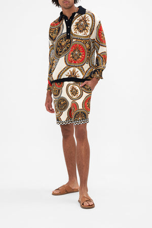 Front view of model wearing HOTEL FRANKS BY CAMILLA mens shorts in Duomo Kaleido print