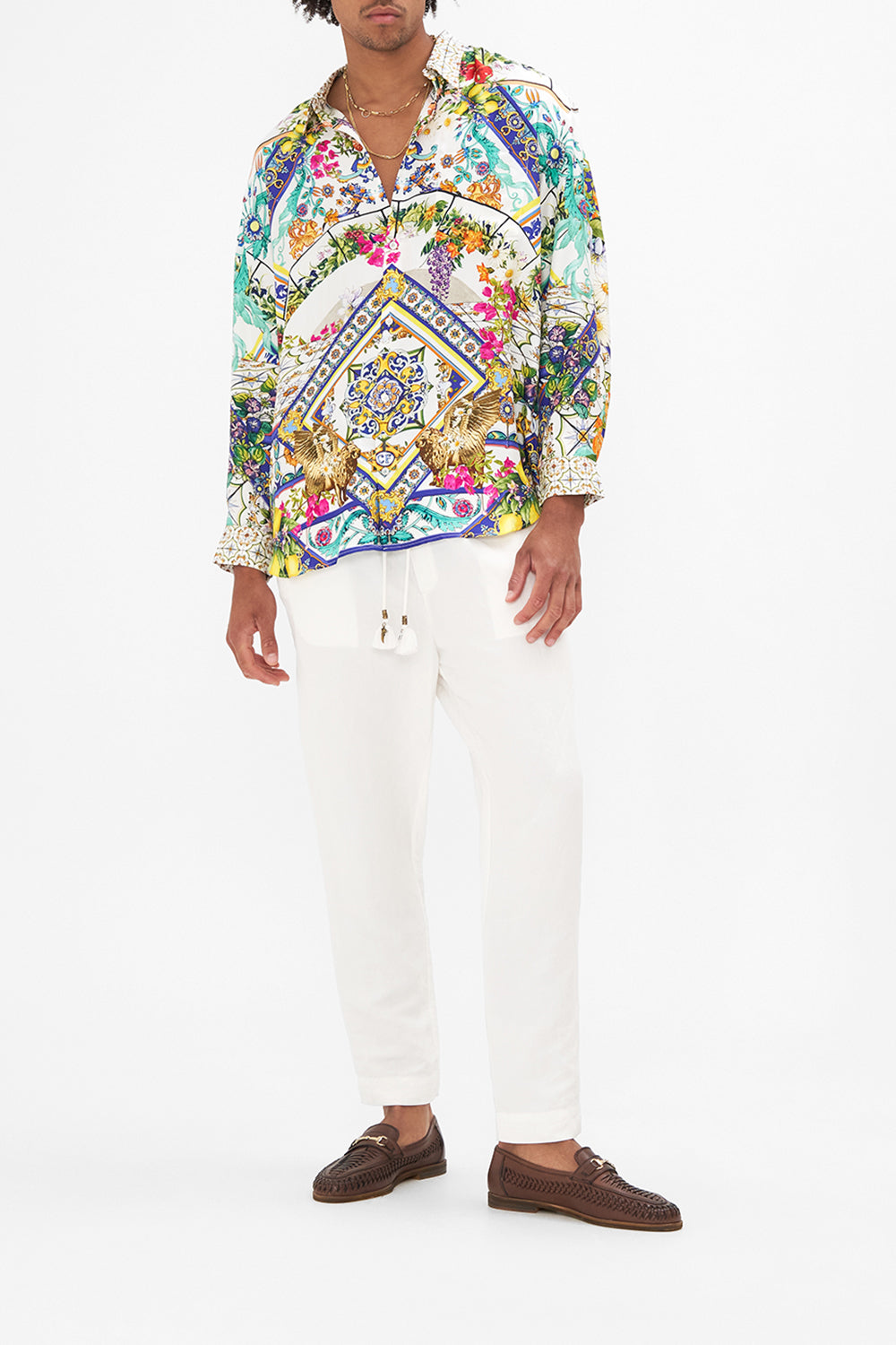 Front view of model wearing HOTEL FRANKS BY CAMILLA mens oversized shirt in Amalfi Amore print