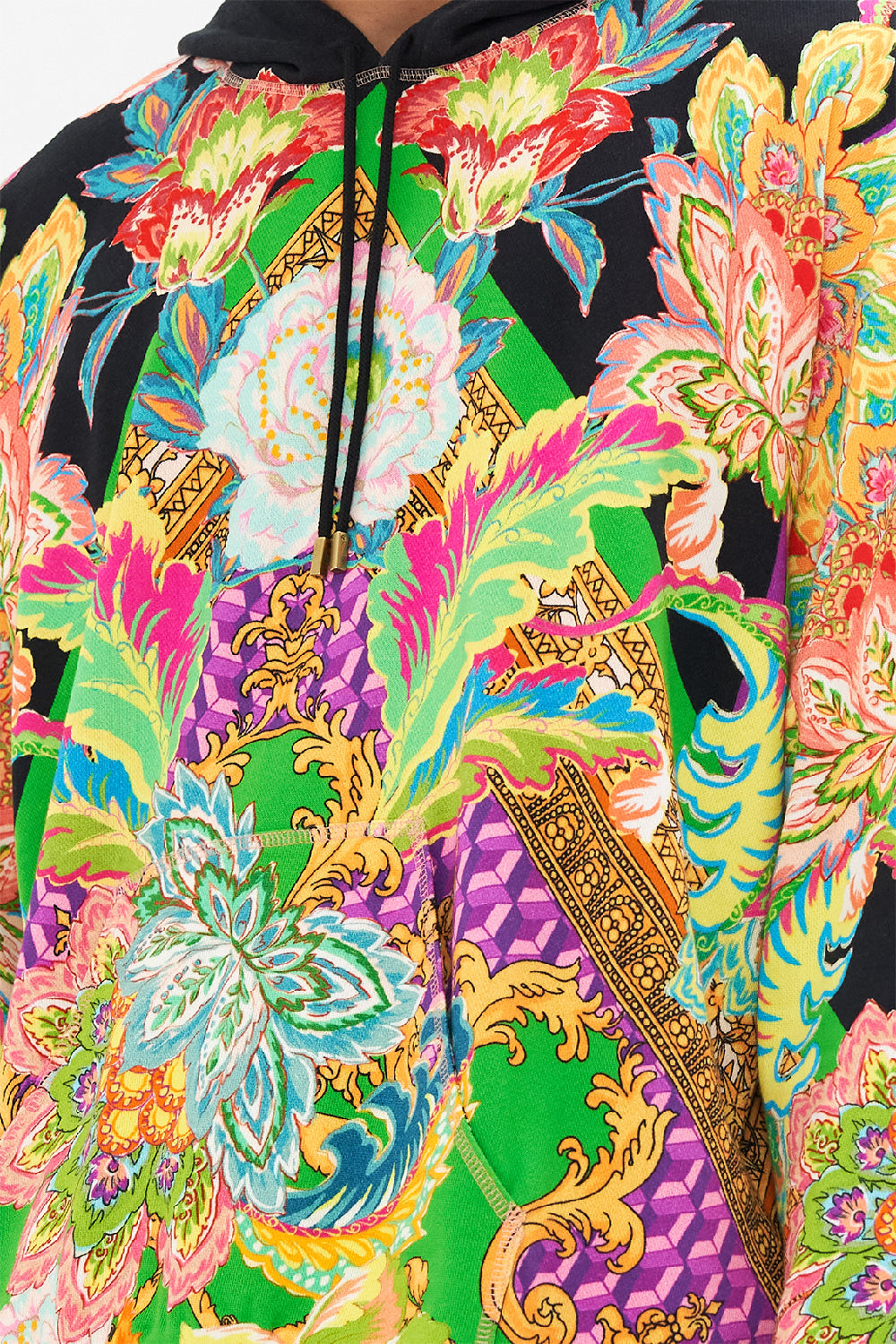 Detail view of model wearing Hotel Franks By CAMILLA mens oversized hoodie in Sundowners in Sicily print