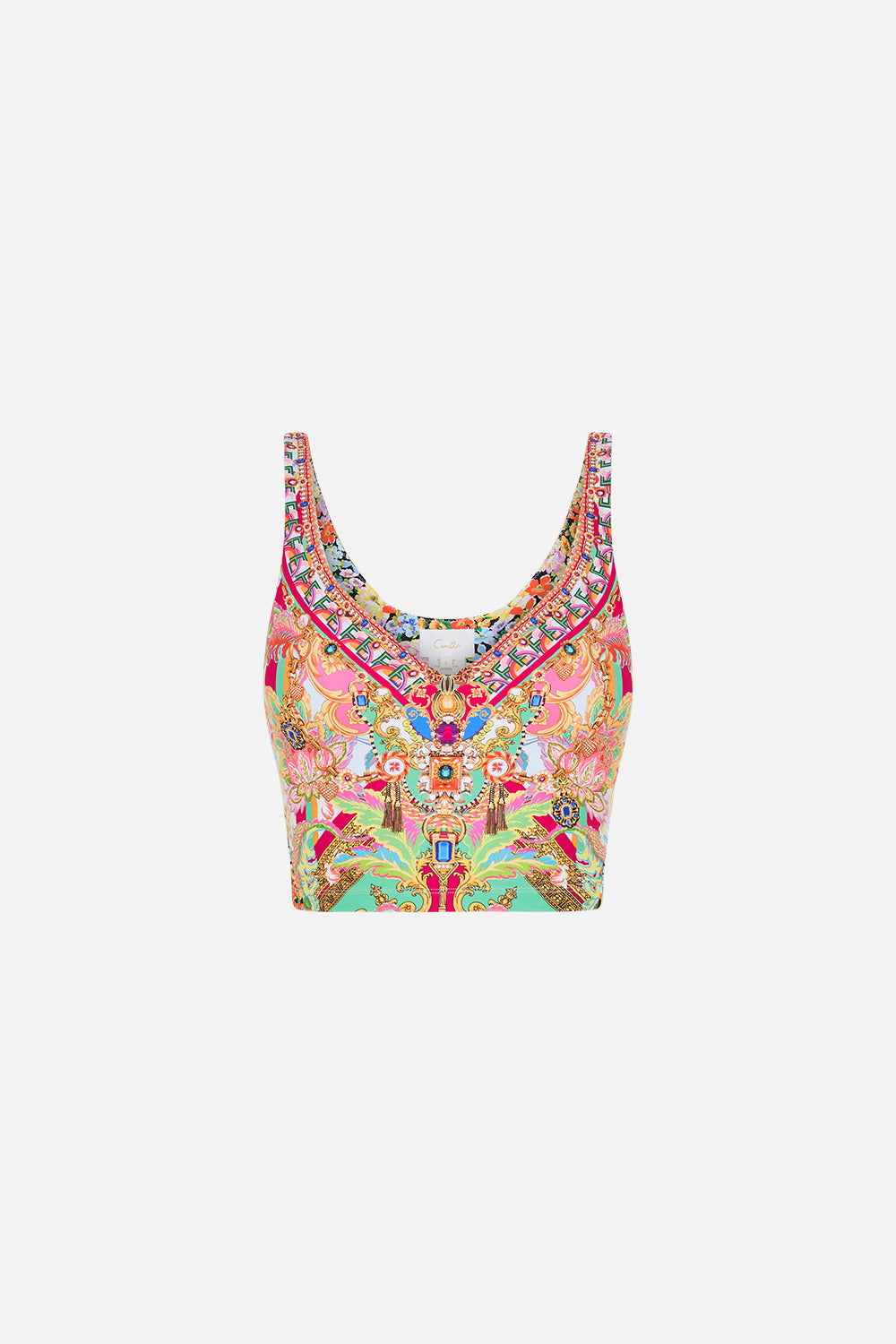 Product view of CAMILLA printed activewear crop tank in Ciao Bella print