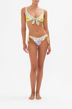 Front view of model wearing CAMILLA tie front bikini top in Caterina Spritz print