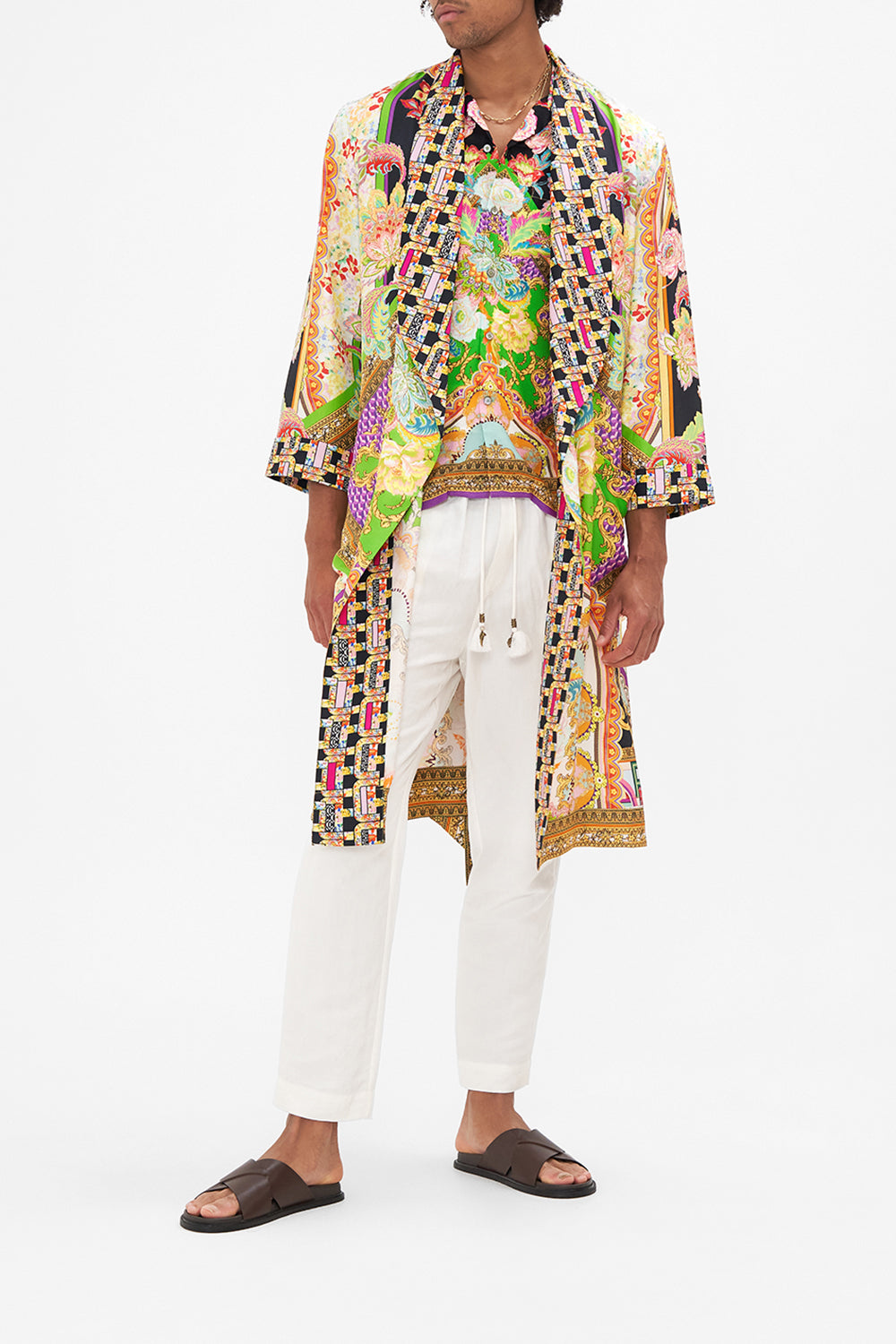 Front view of model wearing HOTEL FRANKS BY CAMILLA mens silk robe in Sundowners in Sicily print 