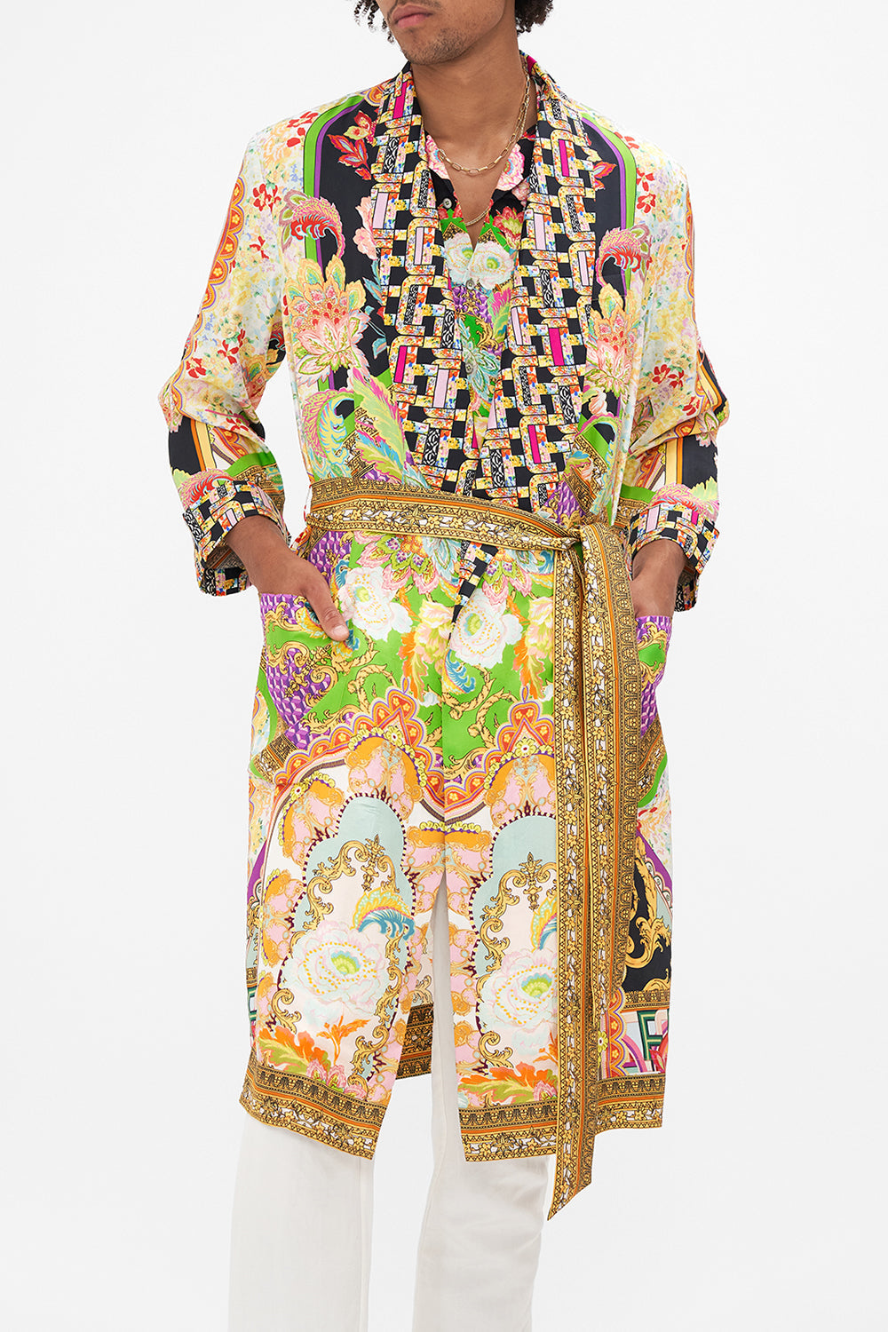 Detail view of model wearing HOTEL FRANKS BY CAMILLA mens silk robe in Sundowners in Sicily print 