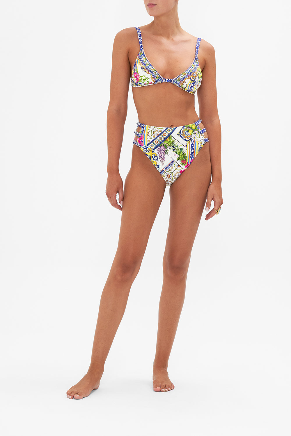 Front view of model wearing CAMILLA soft underwire bikini top in Amalfi Amore print