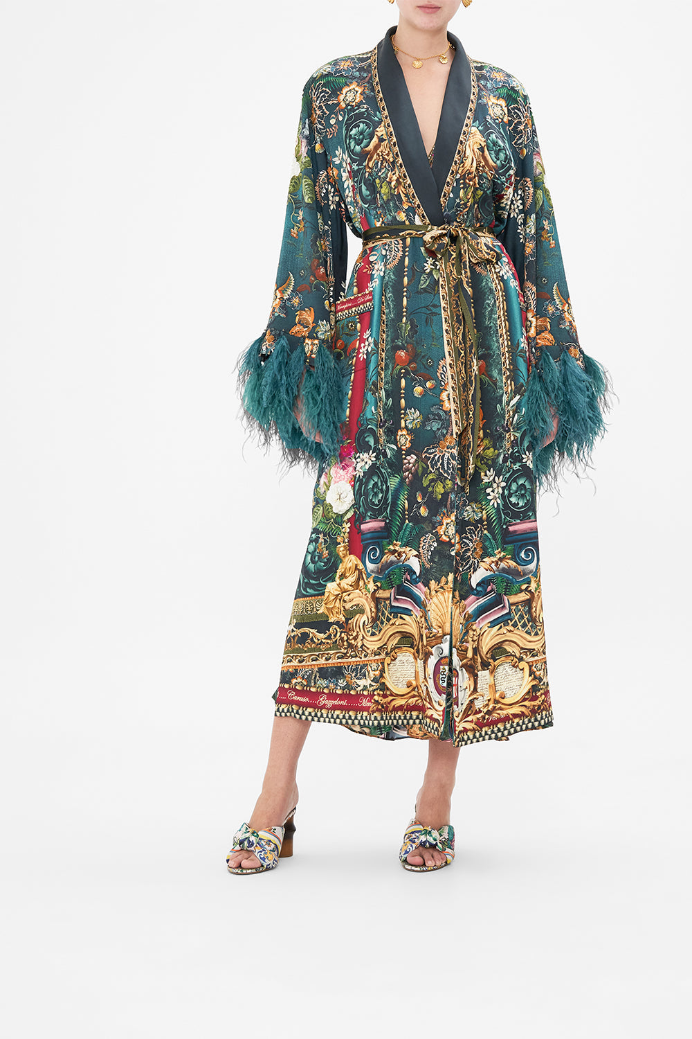 Front view of model wearing CAMILLA green silk robe in Verdis World print 