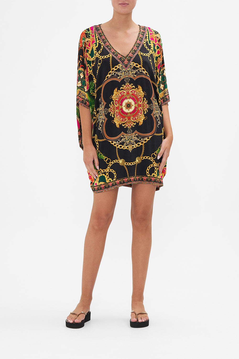 Front view of model wearing CAMILLA jersey bat sleeve dress in Jealousy And Jewels print