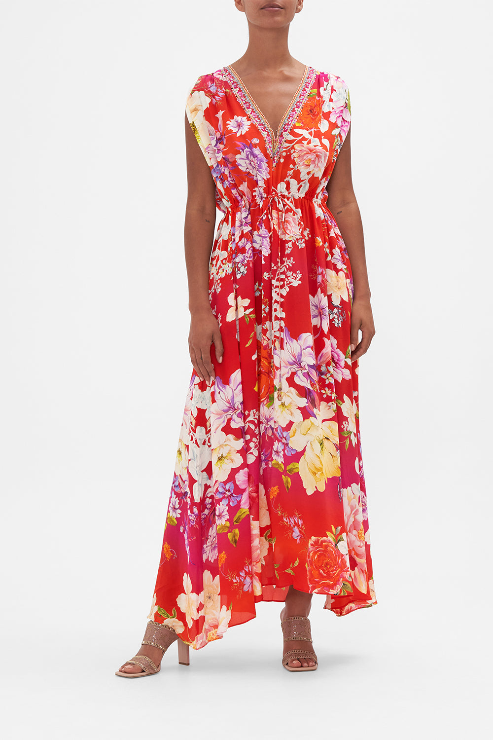 Front view of model wearing CAMILLA silk maxi dress in Kiss And Tell print