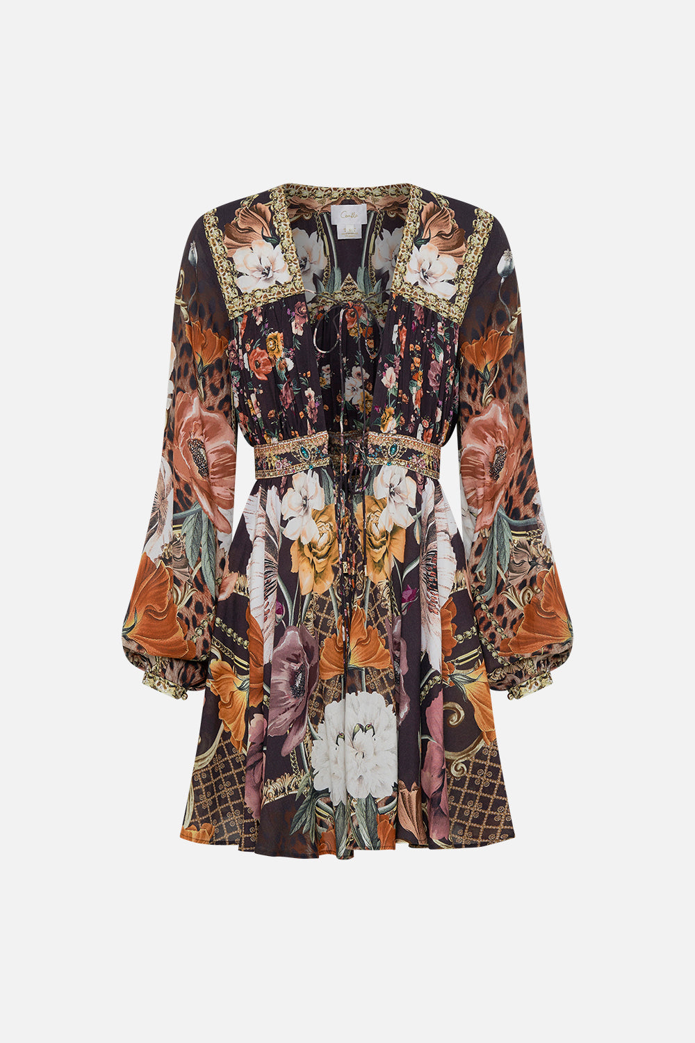 Product view of CAMILLA brown floral mini dress in Wave Your Wand print
