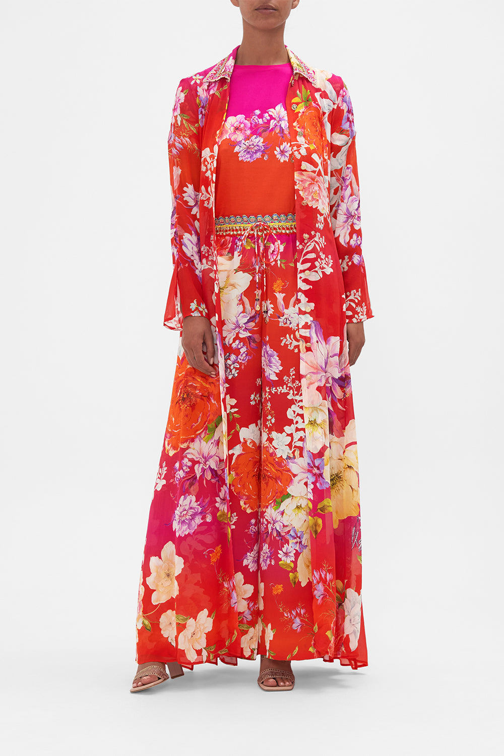 Front view of model wearing CAMILLA silk trench in Kiss And Tell print