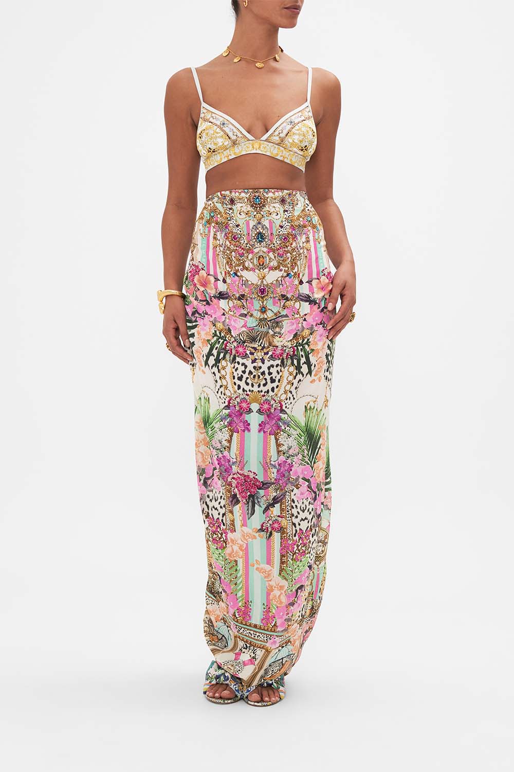 Front view of model wearing CAMILLA soft bra in Palazzo Pride print