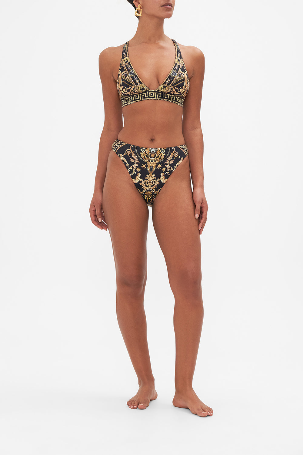 Front view of model wearing CAMILLA lingerie high waisted brief in Duomo Dynasty print