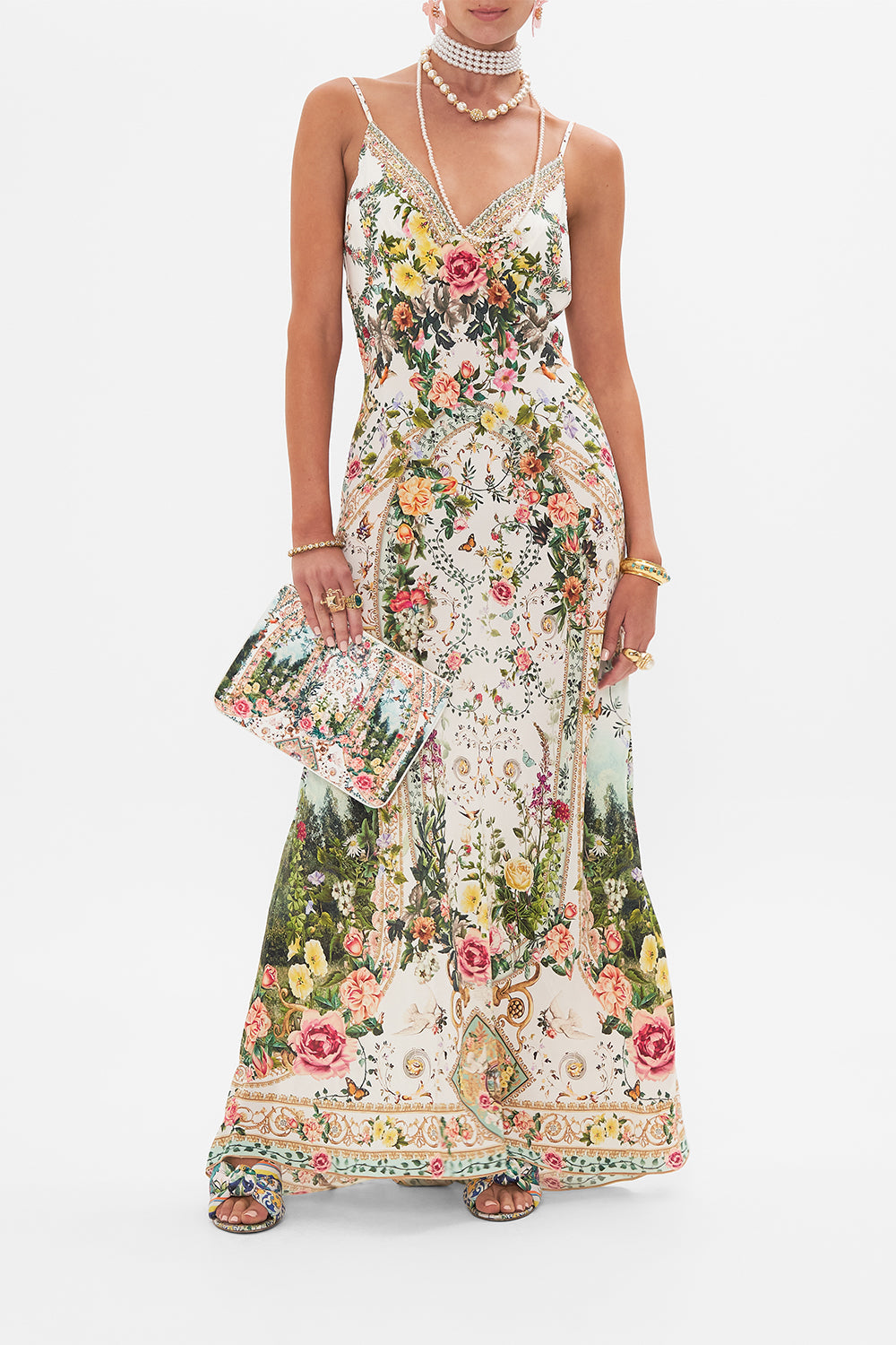 Front view of model wearing CAMILLA silk bias slip dress in Renaissance Romance print